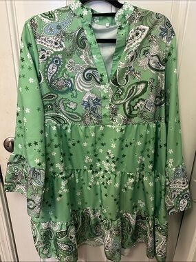 Green Paisley Print Women’s Festival Dress / Tunic Top Hippie plus size 4x 70s
